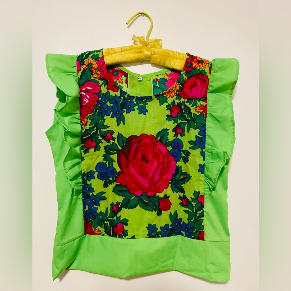 Bright Green Oaxacan Floral Ruffle Top Small (4-6)